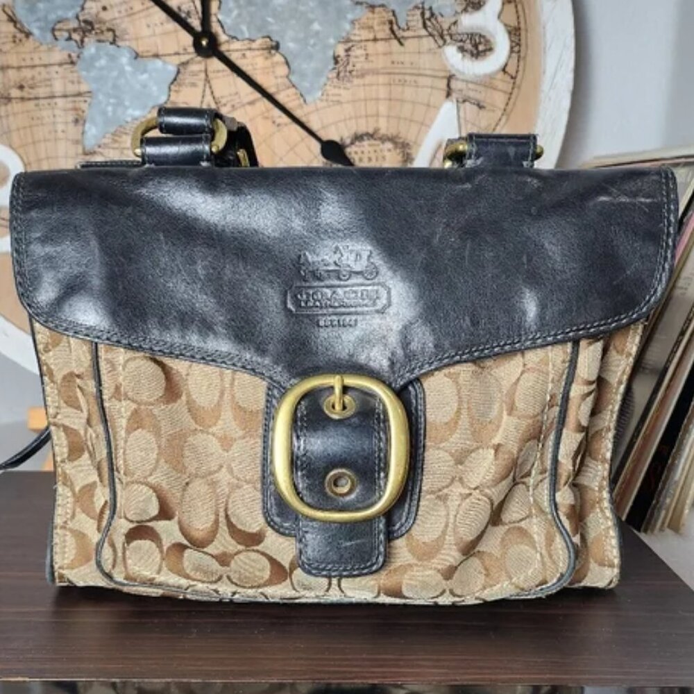 💜 Coach vintage bleeker black and tan purse - many pockets leather & canvas